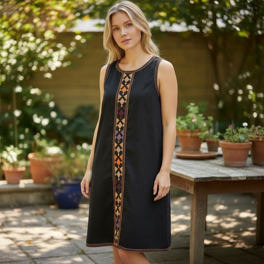 THML Embroiderd Black Linen Shift Dress Aztec Print Small